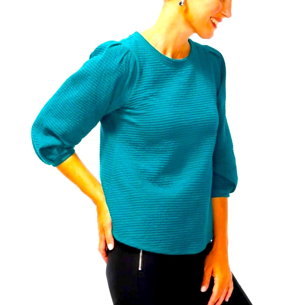 Chico's Green Ribbed Blouse with Puffed 3/4 Sleeves